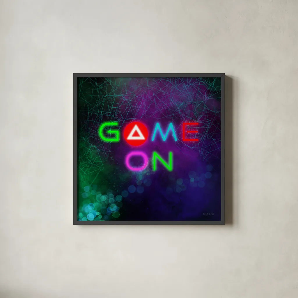 Game On I by Danhui Nai. Shown in a sleek black glass frame for a contemporary gallery look. Available as an archival giclee rolled canvas, fine art paper, or poster print. SKU 83918a.