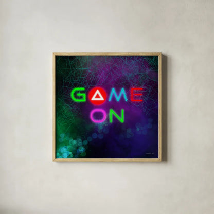 Game On I by Danhui Nai. Shown in a natural wood glass frame for a timeless modern aesthetic. Available as an archival giclee rolled canvas, fine art paper, or poster print. SKU 83918a.