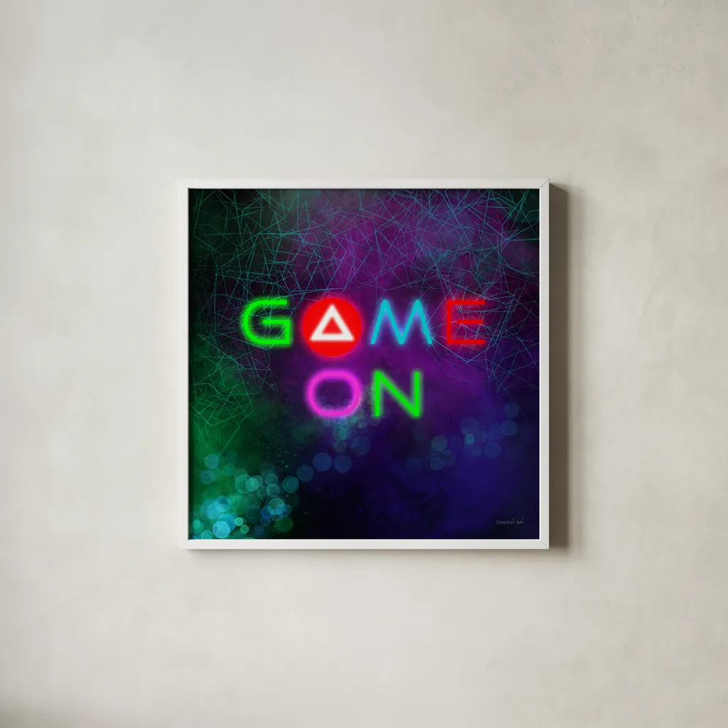 Game On I by Danhui Nai. Shown in a crisp white glass frame for a clean and minimalist style. Available as an archival giclee rolled canvas, fine art paper, or poster print. SKU 83918a.