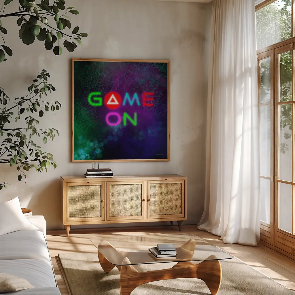 Game On I by Danhui Nai. Shown in a natural wood frame in a cozy modern living room. Available as an archival giclee rolled canvas, fine art paper, or poster print. SKU 83918a.