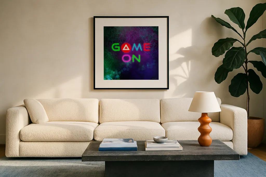 Game On I by Danhui Nai. Displayed in a glass frame with matte in a clean modern living room. Available as an archival giclee rolled canvas, fine art paper, or poster print. SKU 83918a.