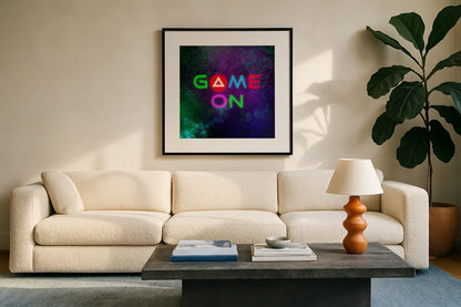 Game On I by Danhui Nai. Displayed in a glass frame with matte in a clean modern living room. Available as an archival giclee rolled canvas, fine art paper, or poster print. SKU 83918a.
