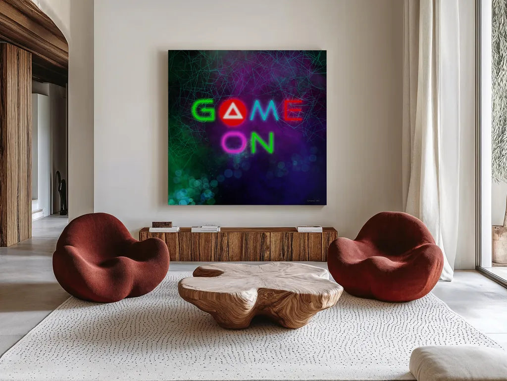 Game On I by Danhui Nai. Shown as extra-large giant wall art in a modern living room. Available as an archival giclee rolled canvas, fine art paper, or poster print. SKU 83918a.