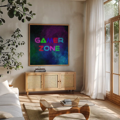 Game On II by Danhui Nai. Shown in a natural wood frame in a cozy modern living room. Available as an archival giclee rolled canvas, fine art paper, or poster print. SKU 83919a.