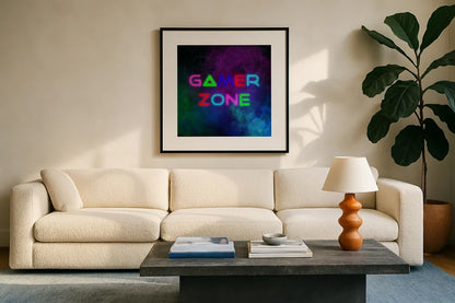 Game On II by Danhui Nai. Displayed in a glass frame with matte in a clean modern living room. Available as an archival giclee rolled canvas, fine art paper, or poster print. SKU 83919a.