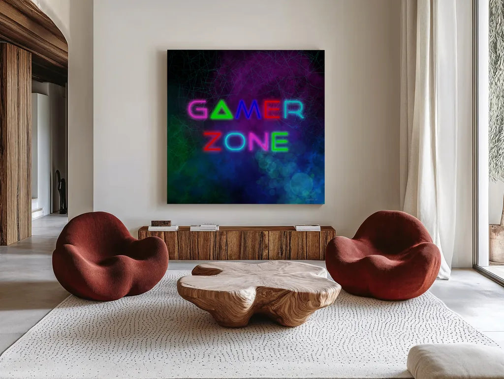 Game On II by Danhui Nai. Shown as extra-large giant wall art in a modern living room. Available as an archival giclee rolled canvas, fine art paper, or poster print. SKU 83919a.