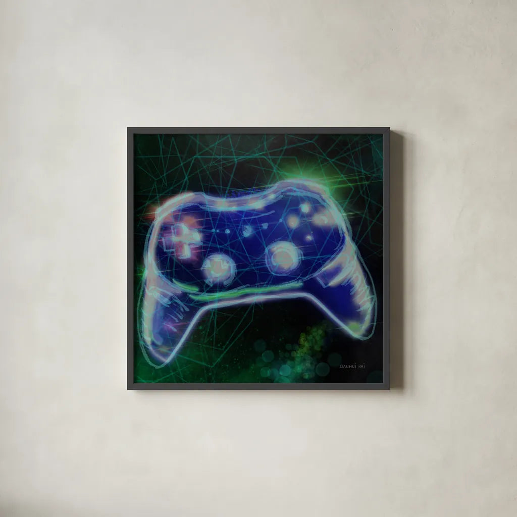 Game On III by Danhui Nai. Shown in a sleek black glass frame for a contemporary gallery look. Available as an archival giclee rolled canvas, fine art paper, or poster print. SKU 85232a.