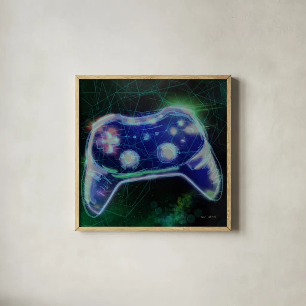 Game On III by Danhui Nai. Shown in a natural wood glass frame for a timeless modern aesthetic. Available as an archival giclee rolled canvas, fine art paper, or poster print. SKU 85232a.