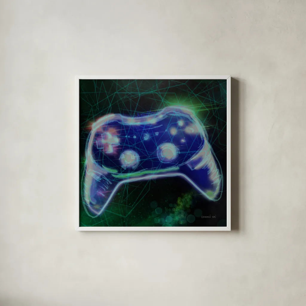 Game On III by Danhui Nai. Shown in a crisp white glass frame for a clean and minimalist style. Available as an archival giclee rolled canvas, fine art paper, or poster print. SKU 85232a.