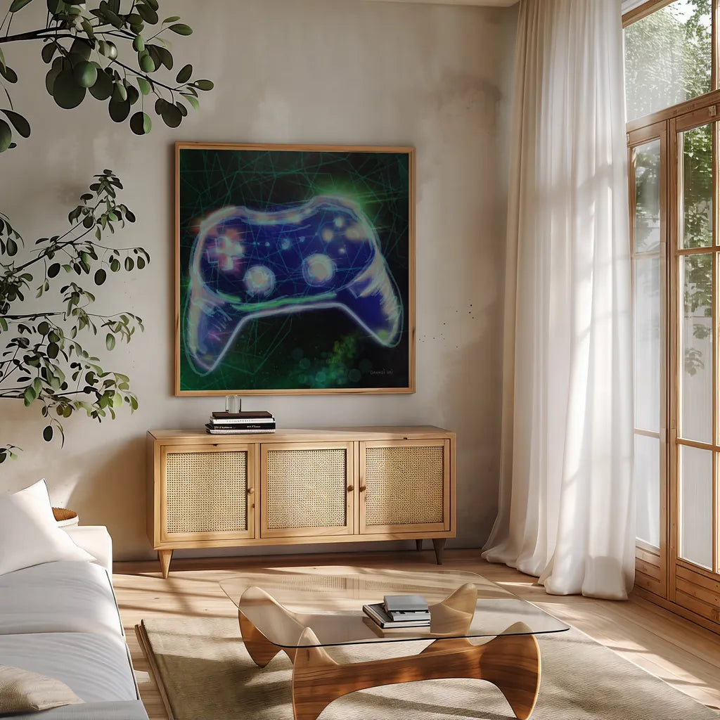 Game On III by Danhui Nai. Shown in a natural wood frame in a cozy modern living room. Available as an archival giclee rolled canvas, fine art paper, or poster print. SKU 85232a.
