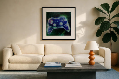 Game On III by Danhui Nai. Displayed in a glass frame with matte in a clean modern living room. Available as an archival giclee rolled canvas, fine art paper, or poster print. SKU 85232a.