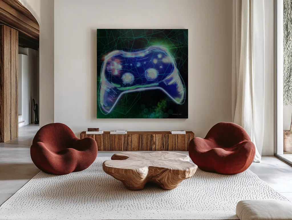 Game On III by Danhui Nai. Shown as extra-large giant wall art in a modern living room. Available as an archival giclee rolled canvas, fine art paper, or poster print. SKU 85232a.