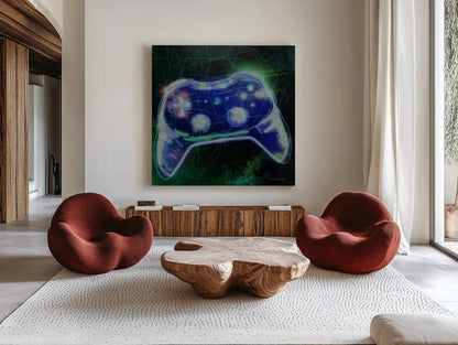 Game On III by Danhui Nai. Shown as extra-large giant wall art in a modern living room. Available as an archival giclee rolled canvas, fine art paper, or poster print. SKU 85232a.