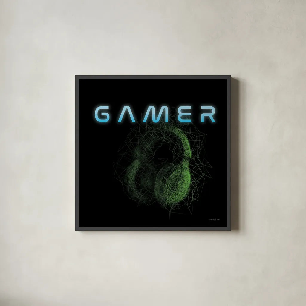 Gamer I by Danhui Nai. Shown in a sleek black glass frame for a contemporary gallery look. Available as an archival giclee rolled canvas, fine art paper, or poster print. SKU 83916a.