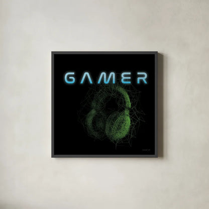 Gamer I by Danhui Nai. Shown in a sleek black glass frame for a contemporary gallery look. Available as an archival giclee rolled canvas, fine art paper, or poster print. SKU 83916a.
