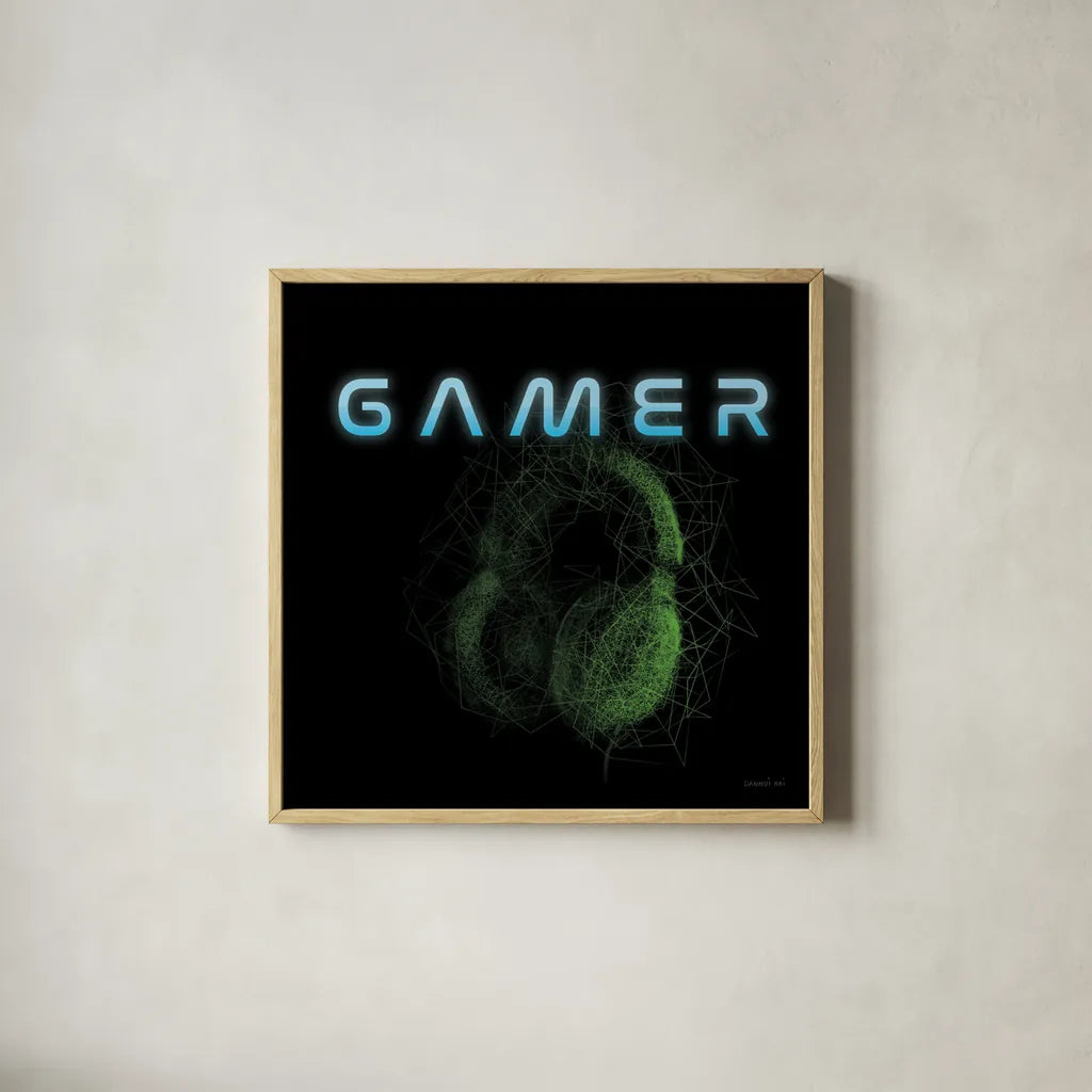 Gamer I by Danhui Nai. Shown in a natural wood glass frame for a timeless modern aesthetic. Available as an archival giclee rolled canvas, fine art paper, or poster print. SKU 83916a.
