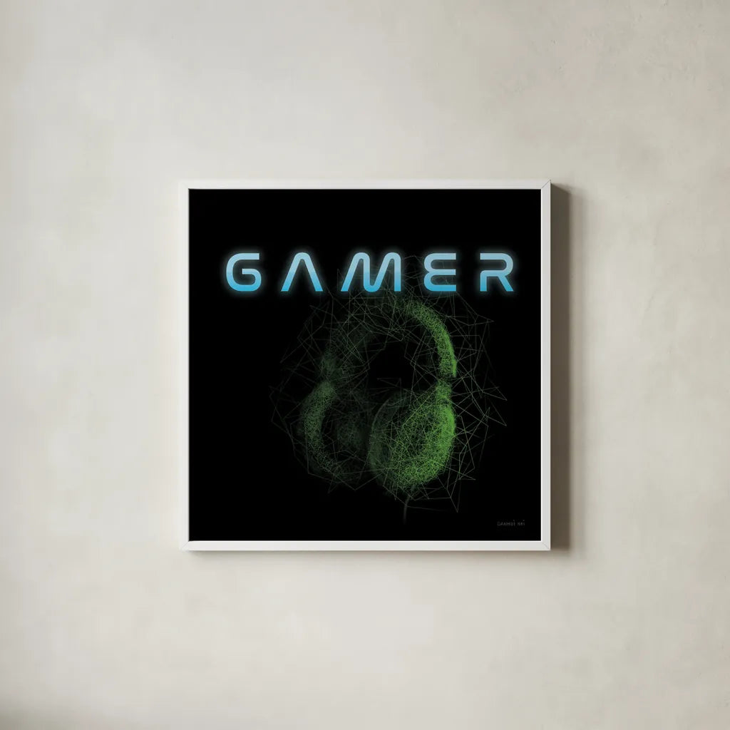 Gamer I by Danhui Nai. Shown in a crisp white glass frame for a clean and minimalist style. Available as an archival giclee rolled canvas, fine art paper, or poster print. SKU 83916a.