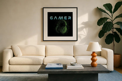 Gamer I by Danhui Nai. Displayed in a glass frame with matte in a clean modern living room. Available as an archival giclee rolled canvas, fine art paper, or poster print. SKU 83916a.
