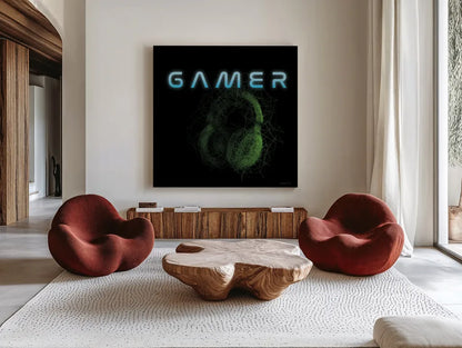 Gamer I by Danhui Nai. Shown as extra-large giant wall art in a modern living room. Available as an archival giclee rolled canvas, fine art paper, or poster print. SKU 83916a.