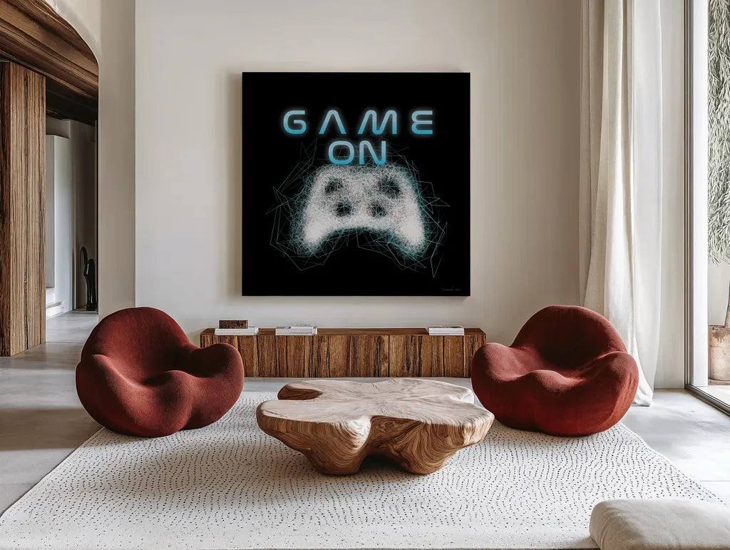 Gamer II by Danhui Nai. Shown as extra-large giant wall art in a modern living room. Available as an archival giclee rolled canvas, fine art paper, or poster print. SKU 83917a.
