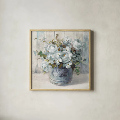 Garden Blooms I Blue Crop by Danhui Nai. Shown in a natural wood glass frame for a timeless modern aesthetic. Available as an archival giclee rolled canvas, fine art paper, or poster print. SKU 44811a.