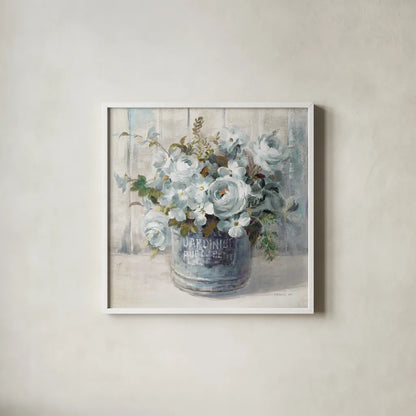 Garden Blooms I Blue Crop by Danhui Nai. Shown in a crisp white glass frame for a clean and minimalist style. Available as an archival giclee rolled canvas, fine art paper, or poster print. SKU 44811a.