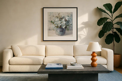 Garden Blooms I Blue Crop by Danhui Nai. Displayed in a glass frame with matte in a clean modern living room. Available as an archival giclee rolled canvas, fine art paper, or poster print. SKU 44811a.