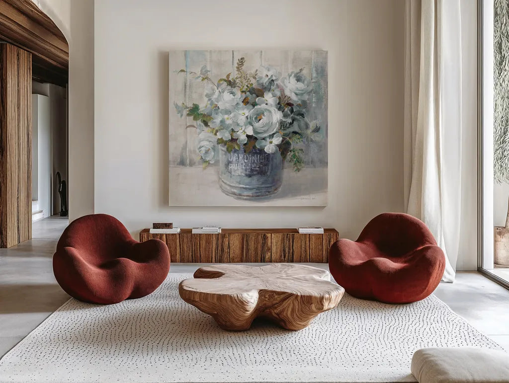 Garden Blooms I Blue Crop by Danhui Nai. Shown as extra-large giant wall art in a modern living room. Available as an archival giclee rolled canvas, fine art paper, or poster print. SKU 44811a.