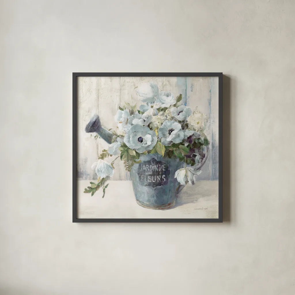 Garden Blooms II Blue Crop by Danhui Nai. Shown in a sleek black glass frame for a contemporary gallery look. Available as an archival giclee rolled canvas, fine art paper, or poster print. SKU 44812a.