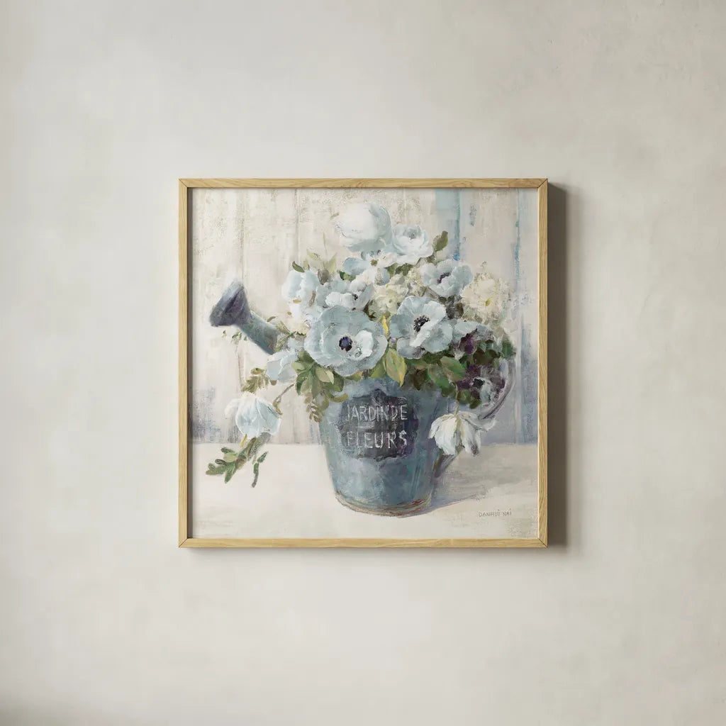 Garden Blooms II Blue Crop by Danhui Nai. Shown in a natural wood glass frame for a timeless modern aesthetic. Available as an archival giclee rolled canvas, fine art paper, or poster print. SKU 44812a.