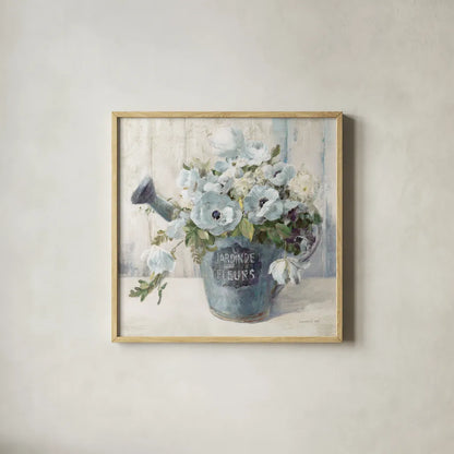 Garden Blooms II Blue Crop by Danhui Nai. Shown in a natural wood glass frame for a timeless modern aesthetic. Available as an archival giclee rolled canvas, fine art paper, or poster print. SKU 44812a.