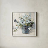 Garden Blooms II Blue Crop by Danhui Nai. Shown in a crisp white glass frame for a clean and minimalist style. Available as an archival giclee rolled canvas, fine art paper, or poster print. SKU 44812a.
