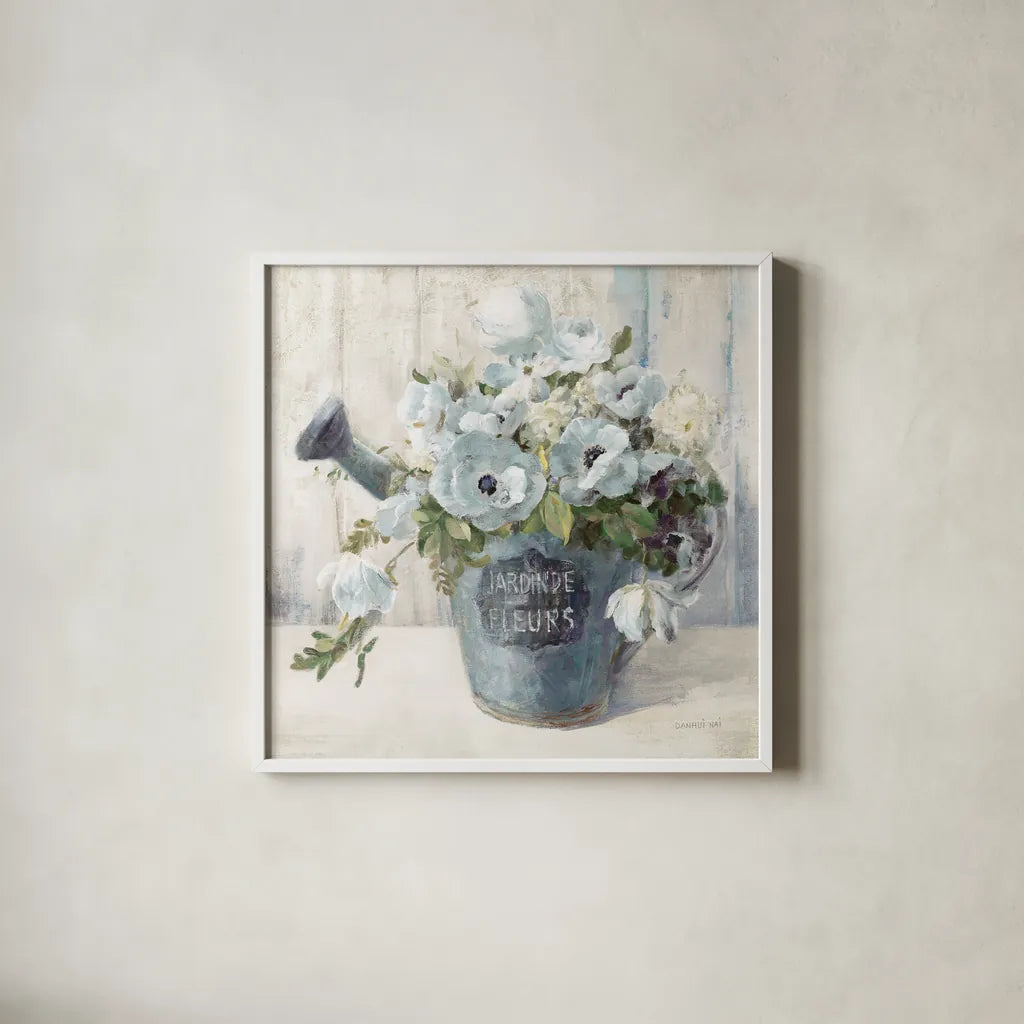 Garden Blooms II Blue Crop by Danhui Nai. Shown in a crisp white glass frame for a clean and minimalist style. Available as an archival giclee rolled canvas, fine art paper, or poster print. SKU 44812a.