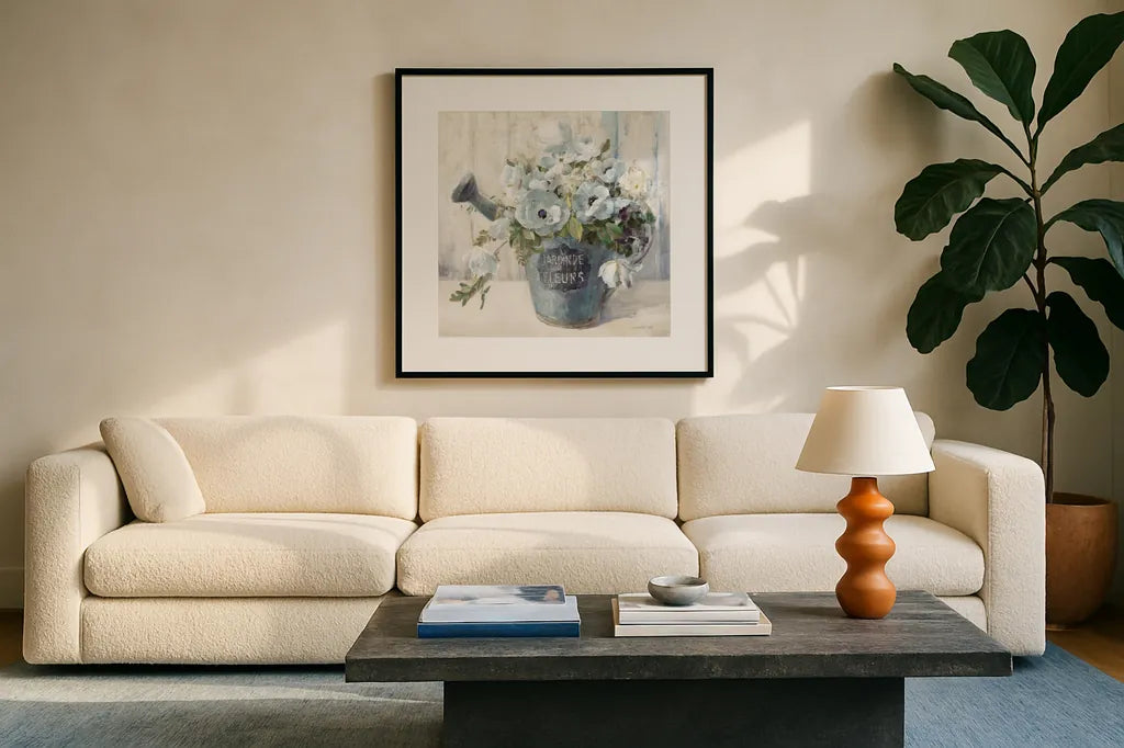 Garden Blooms II Blue Crop by Danhui Nai. Displayed in a glass frame with matte in a clean modern living room. Available as an archival giclee rolled canvas, fine art paper, or poster print. SKU 44812a.