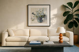 Garden Blooms II Blue Crop by Danhui Nai. Displayed in a glass frame with matte in a clean modern living room. Available as an archival giclee rolled canvas, fine art paper, or poster print. SKU 44812a.