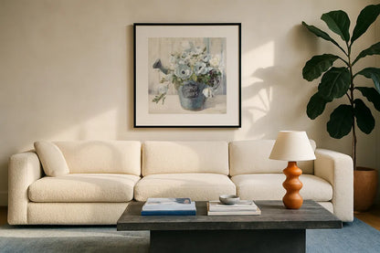 Garden Blooms II Blue Crop by Danhui Nai. Displayed in a glass frame with matte in a clean modern living room. Available as an archival giclee rolled canvas, fine art paper, or poster print. SKU 44812a.