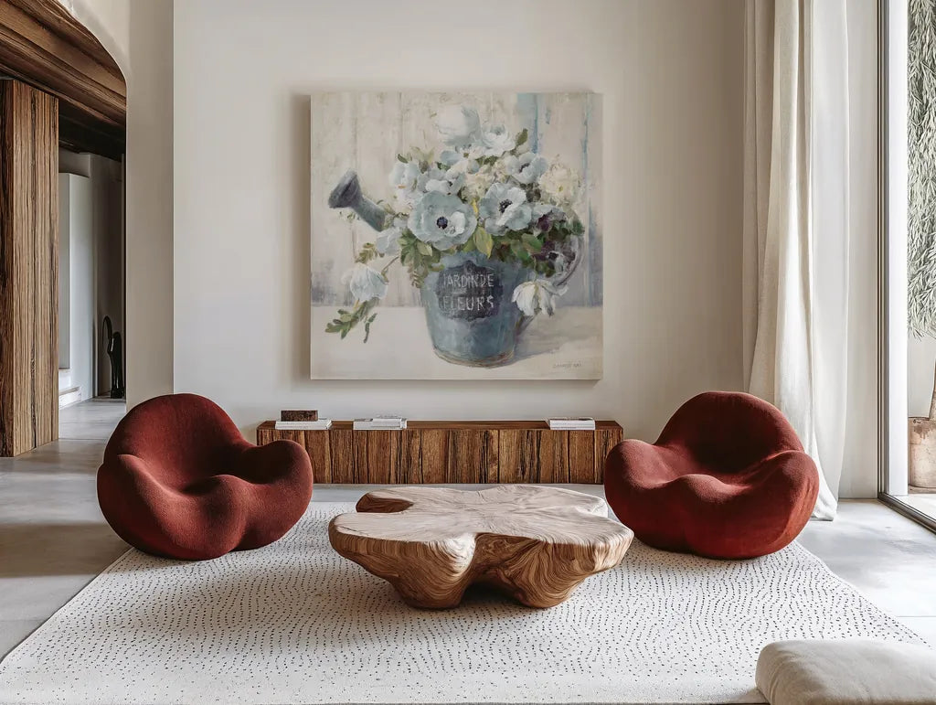 Garden Blooms II Blue Crop by Danhui Nai. Shown as extra-large giant wall art in a modern living room. Available as an archival giclee rolled canvas, fine art paper, or poster print. SKU 44812a.