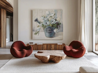Garden Blooms II Blue Crop by Danhui Nai. Shown as extra-large giant wall art in a modern living room. Available as an archival giclee rolled canvas, fine art paper, or poster print. SKU 44812a.