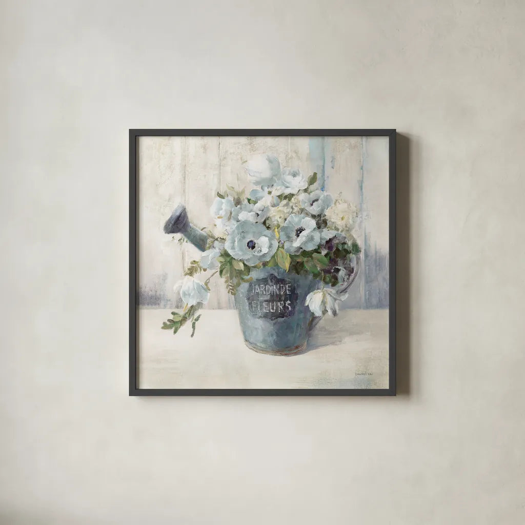 Garden Blooms II Blue Crop EB by Danhui Nai. Shown in a sleek black glass frame for a contemporary gallery look. Available as an archival giclee rolled canvas, fine art paper, or poster print. SKU 81673a.