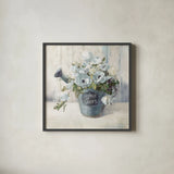 Garden Blooms II Blue Crop EB by Danhui Nai. Shown in a sleek black glass frame for a contemporary gallery look. Available as an archival giclee rolled canvas, fine art paper, or poster print. SKU 81673a.