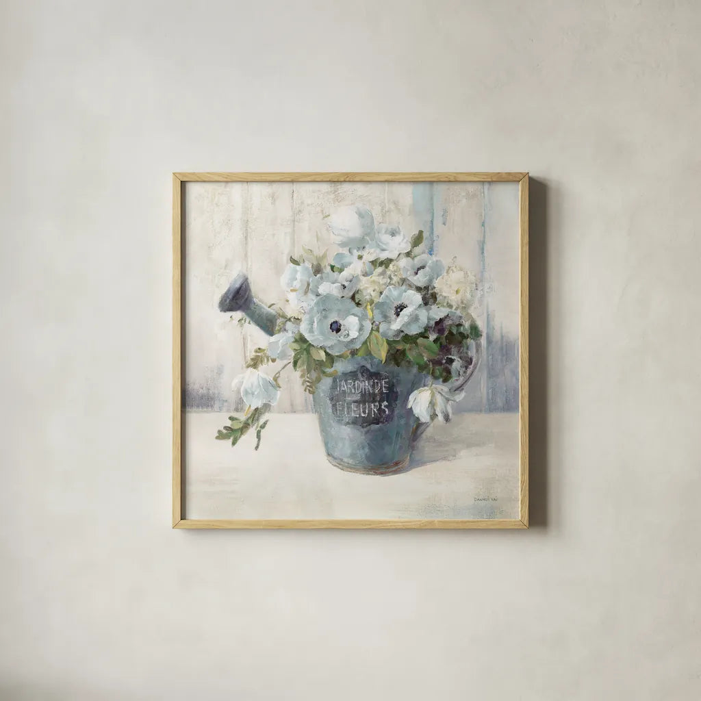 Garden Blooms II Blue Crop EB by Danhui Nai. Shown in a natural wood glass frame for a timeless modern aesthetic. Available as an archival giclee rolled canvas, fine art paper, or poster print. SKU 81673a.