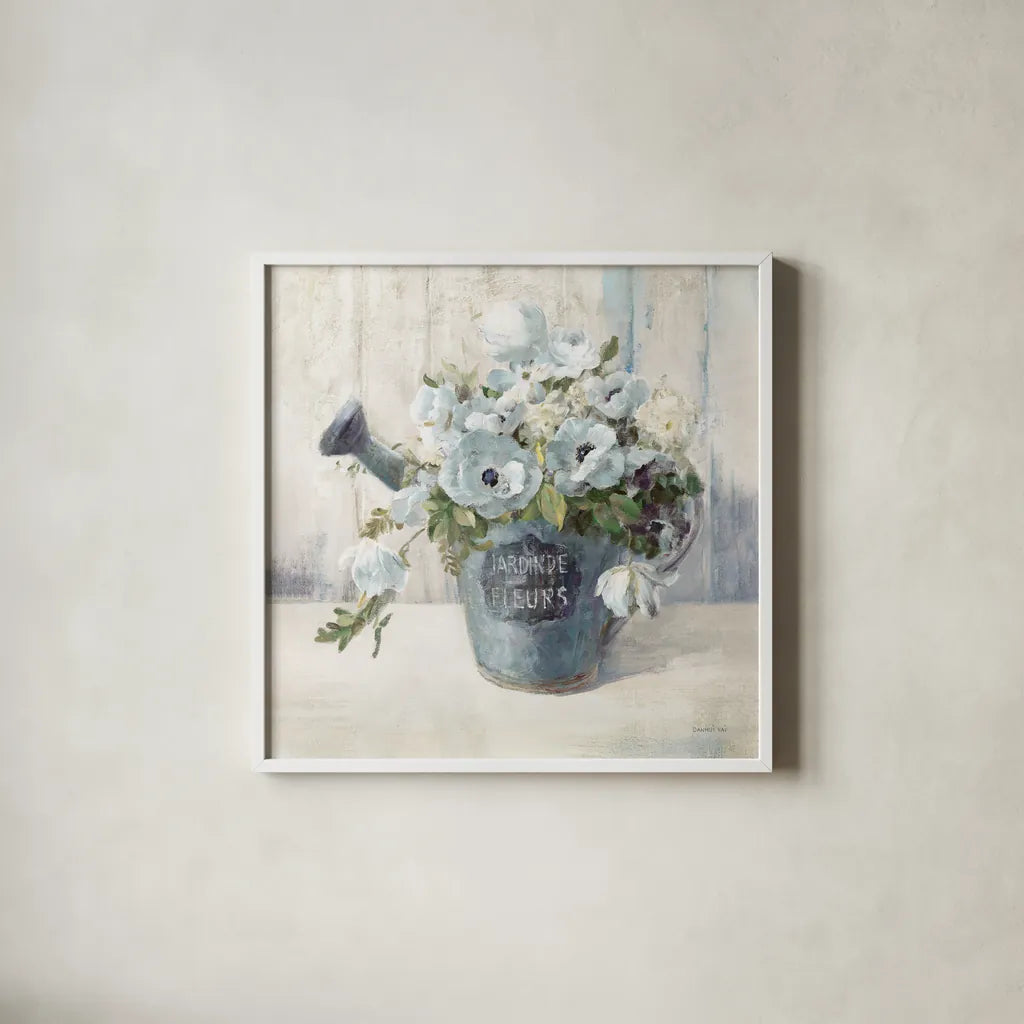 Garden Blooms II Blue Crop EB by Danhui Nai. Shown in a crisp white glass frame for a clean and minimalist style. Available as an archival giclee rolled canvas, fine art paper, or poster print. SKU 81673a.