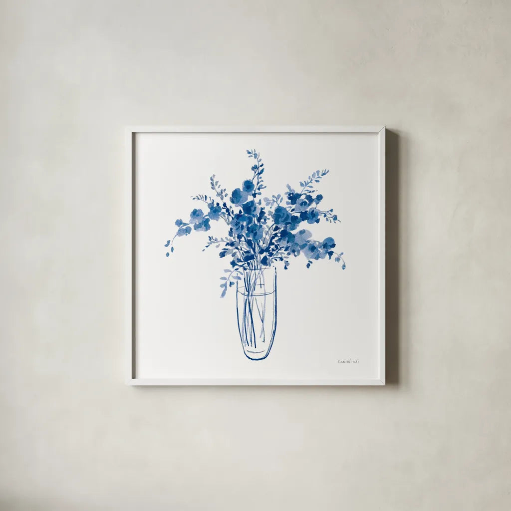 Garden Cuttings I by Danhui Nai. Shown in a crisp white glass frame for a clean and minimalist style. Available as an archival giclee rolled canvas, fine art paper, or poster print. SKU 75564a.