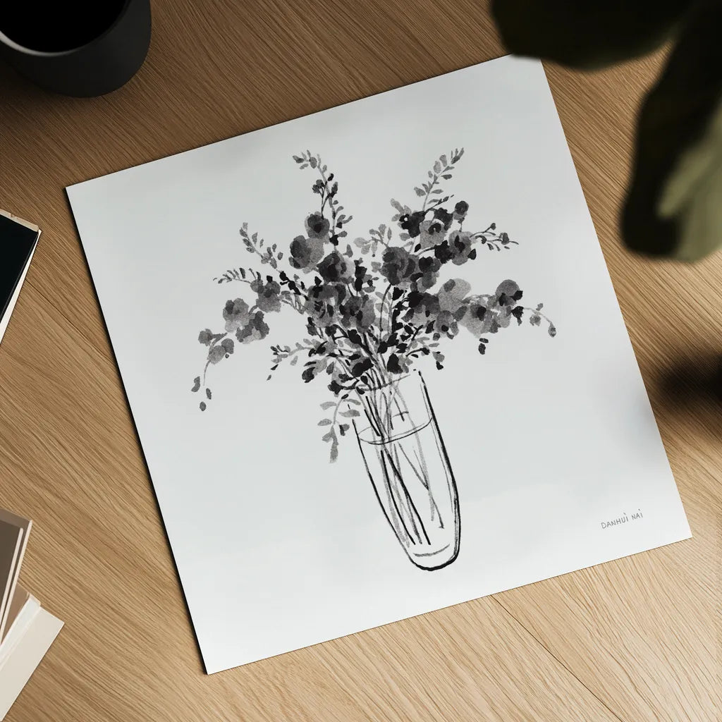 Garden Cuttings I Black by Danhui Nai. Shown as a detailed flat fine art print, highlighting archival giclee quality. Available as an archival giclee rolled canvas, fine art paper, or poster print. SKU 77414a.