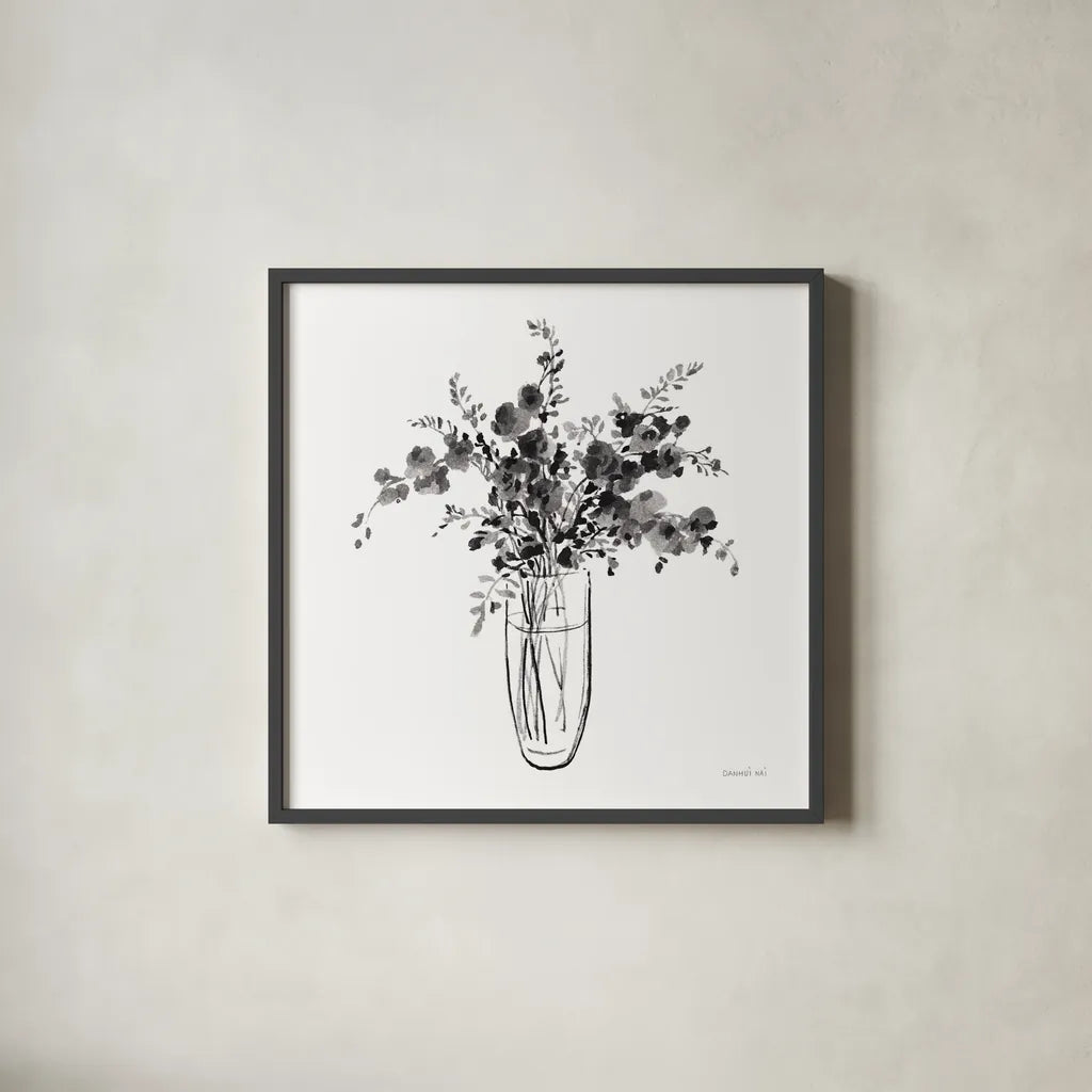 Garden Cuttings I Black by Danhui Nai. Shown in a sleek black glass frame for a contemporary gallery look. Available as an archival giclee rolled canvas, fine art paper, or poster print. SKU 77414a.