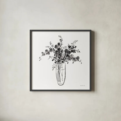 Garden Cuttings I Black by Danhui Nai. Shown in a sleek black glass frame for a contemporary gallery look. Available as an archival giclee rolled canvas, fine art paper, or poster print. SKU 77414a.