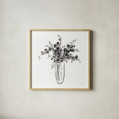 Garden Cuttings I Black by Danhui Nai. Shown in a natural wood glass frame for a timeless modern aesthetic. Available as an archival giclee rolled canvas, fine art paper, or poster print. SKU 77414a.