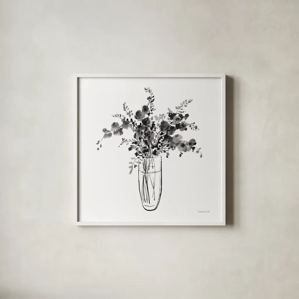 Garden Cuttings I Black by Danhui Nai. Shown in a crisp white glass frame for a clean and minimalist style. Available as an archival giclee rolled canvas, fine art paper, or poster print. SKU 77414a.