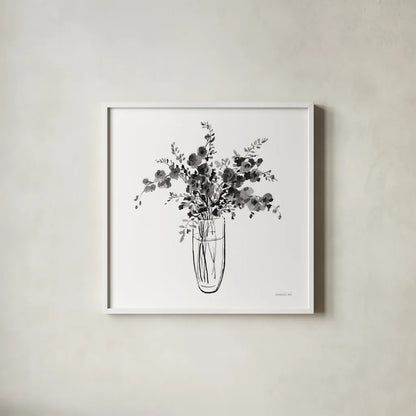 Garden Cuttings I Black by Danhui Nai. Shown in a crisp white glass frame for a clean and minimalist style. Available as an archival giclee rolled canvas, fine art paper, or poster print. SKU 77414a.