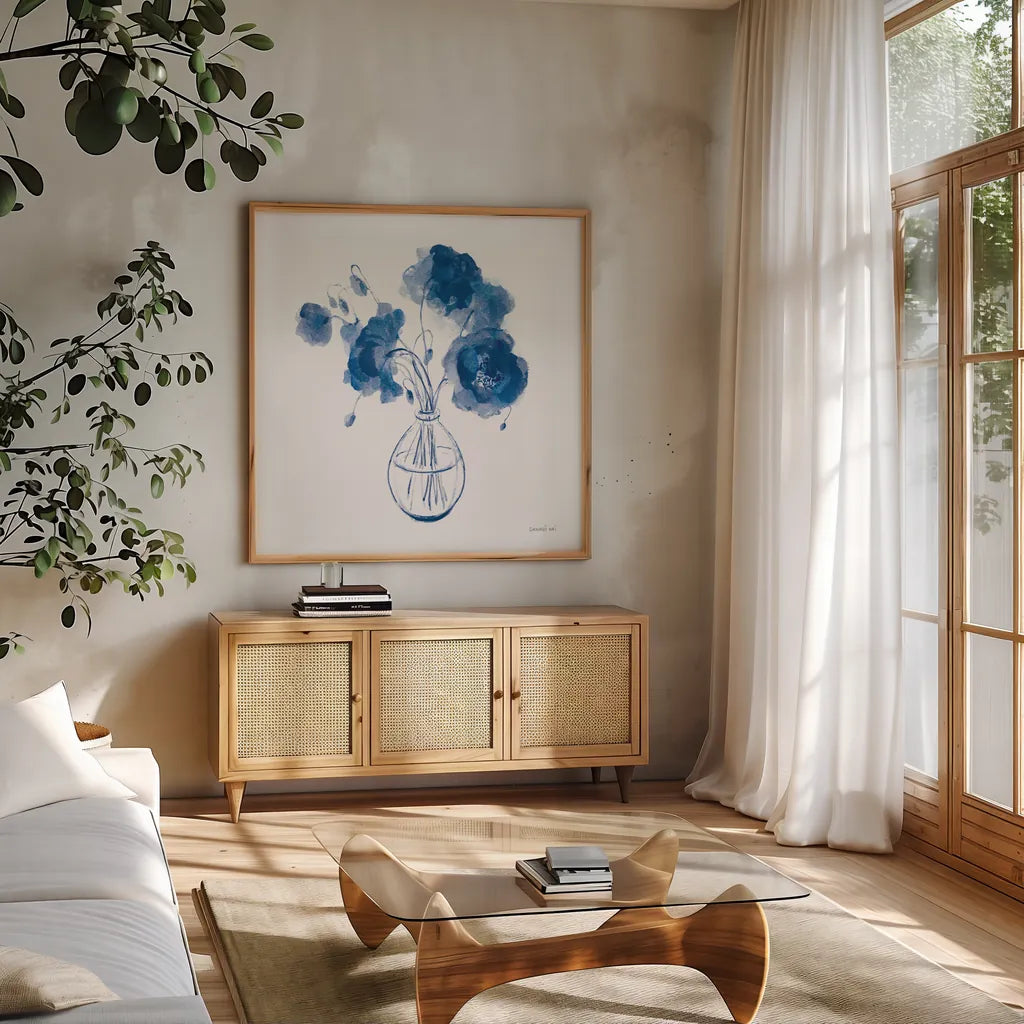 Garden Cuttings II by Danhui Nai. Shown in a natural wood frame in a cozy modern living room. Available as an archival giclee rolled canvas, fine art paper, or poster print. SKU 75565a.